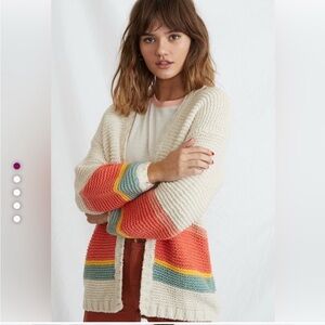 Marine Layer Cream Openfront Cardigan with Coral and Teal Stripes